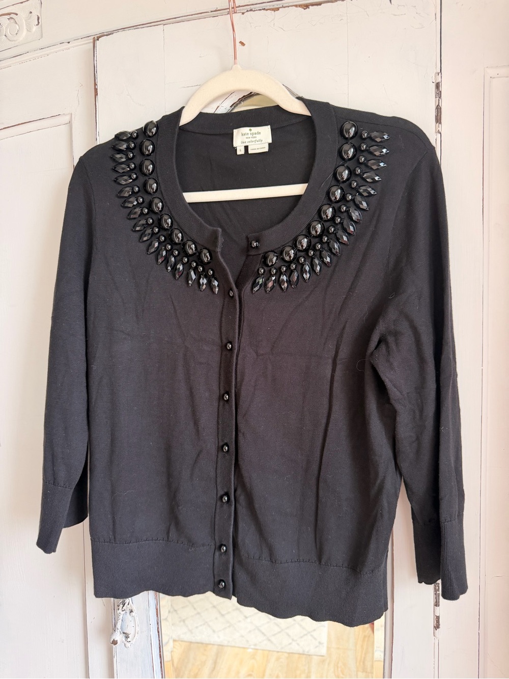 kate spade black jeweled crewneck cardigan